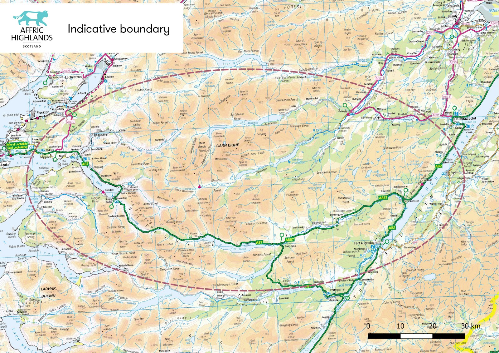 A depiction of the boundary map of the Affric Highlands, featuring a red dashed line to indicate the indicative boundary