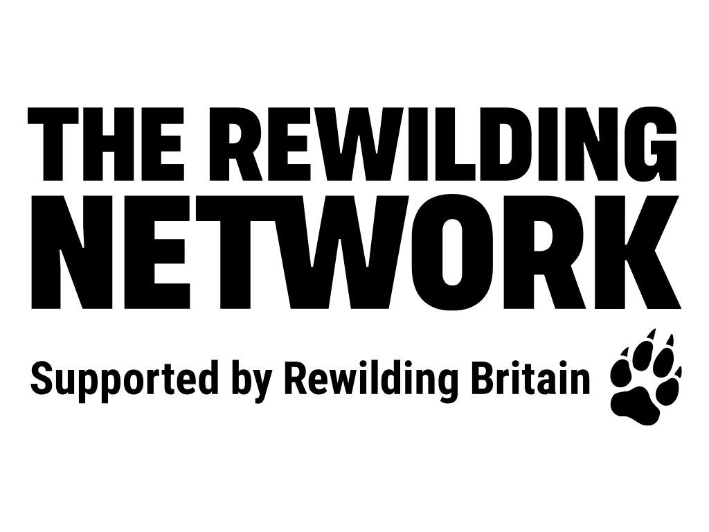 Black logo for the Rewilding Network. Text reads: 'The Rewilding Network. Supported by Rewilding Britain'. There is a small paw print also.