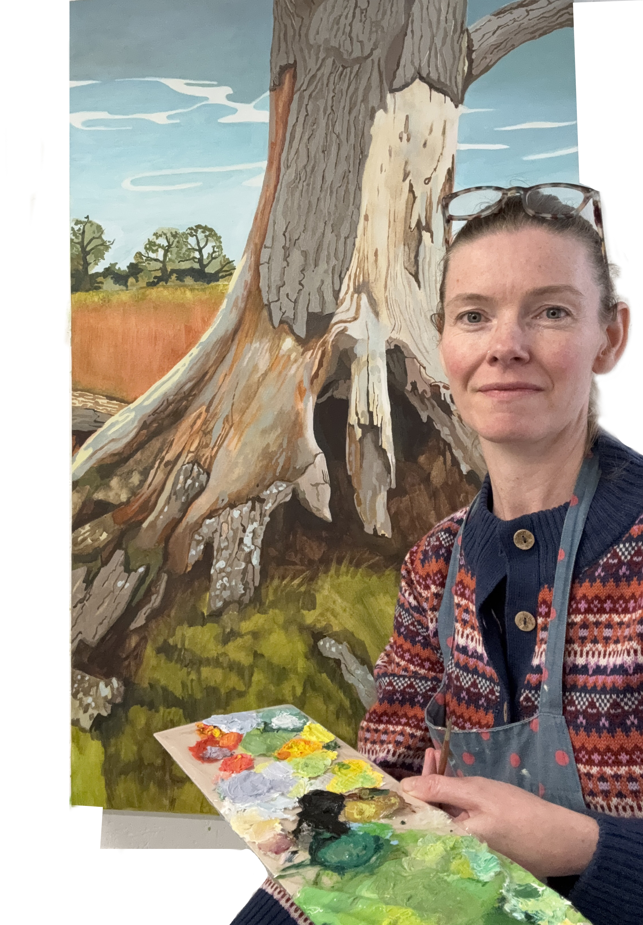 Rebecca Howard stood in front of one of her paintings with a paint mixing tray in hand.