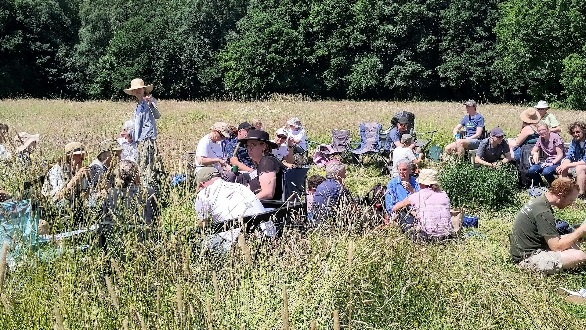 People sitting in a meadow at Rewilders Day Festival, a Yorkshire Rewilding's network event