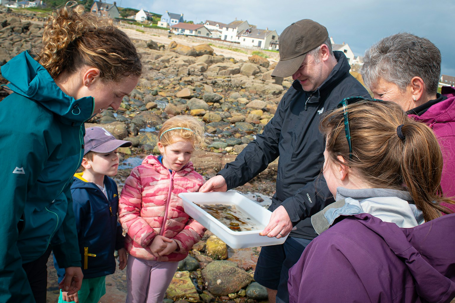Adults and children on a beach comb.