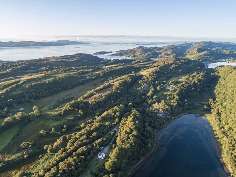 Aerial view of rainforest fragments in Tayvallich, Scotland.