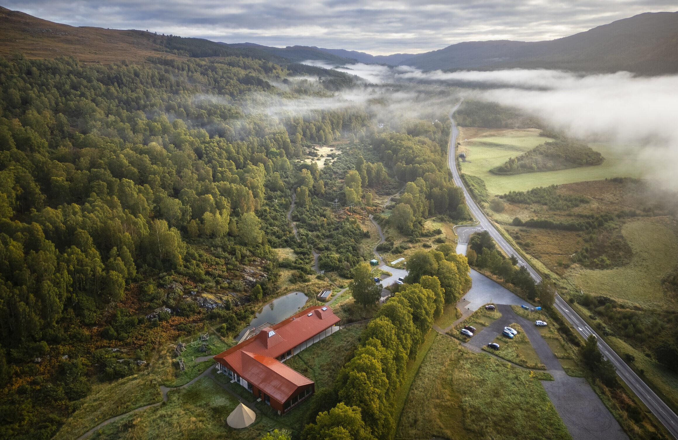 Aerial view of rewilding centre at Dundreggan in Scotland