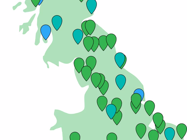 Map of Britain marked with pins to indicate the locations of Rewilding Network members