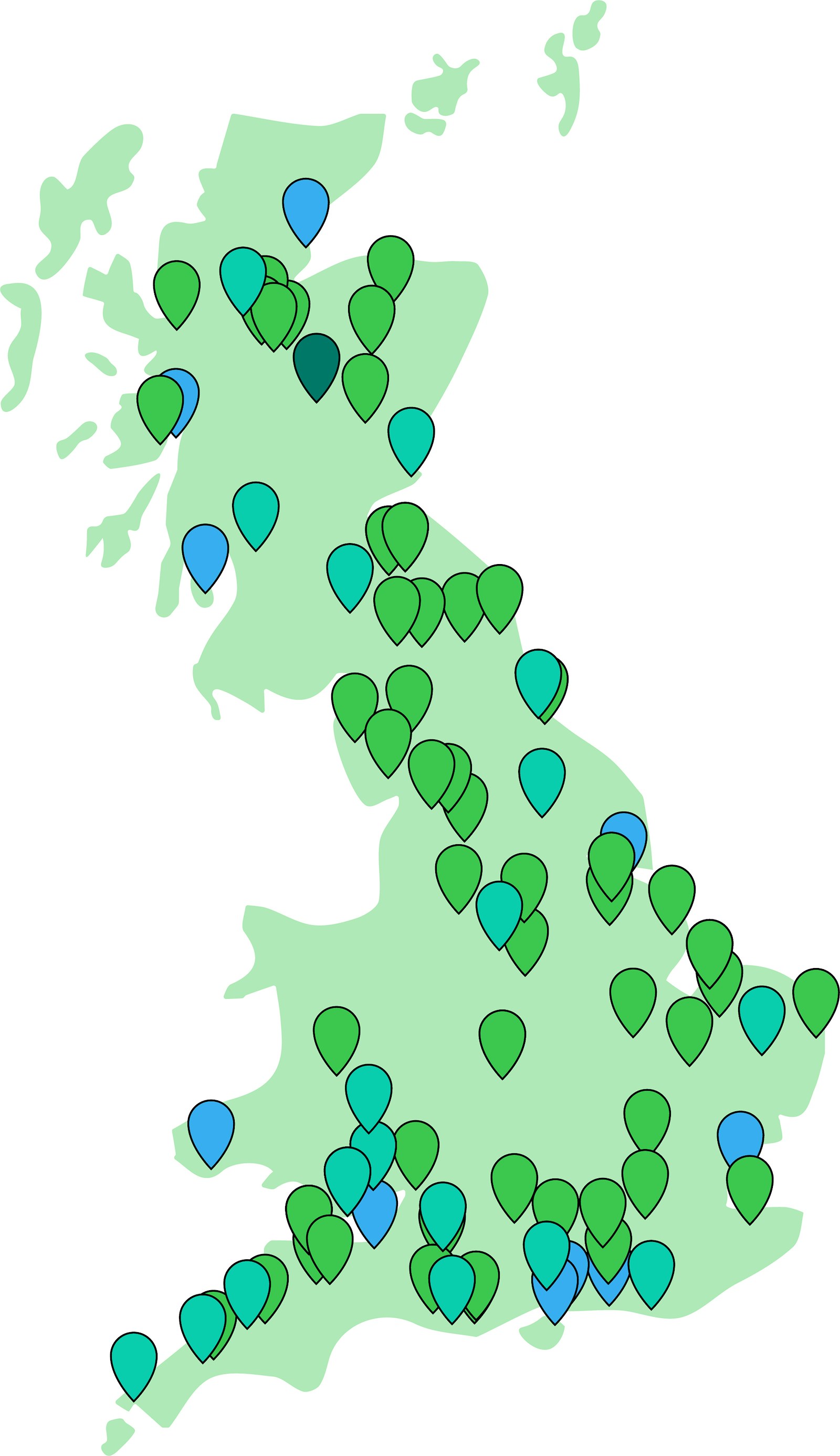A map of Britain marked with pins to indicate the locations of members within the Rewilding Network