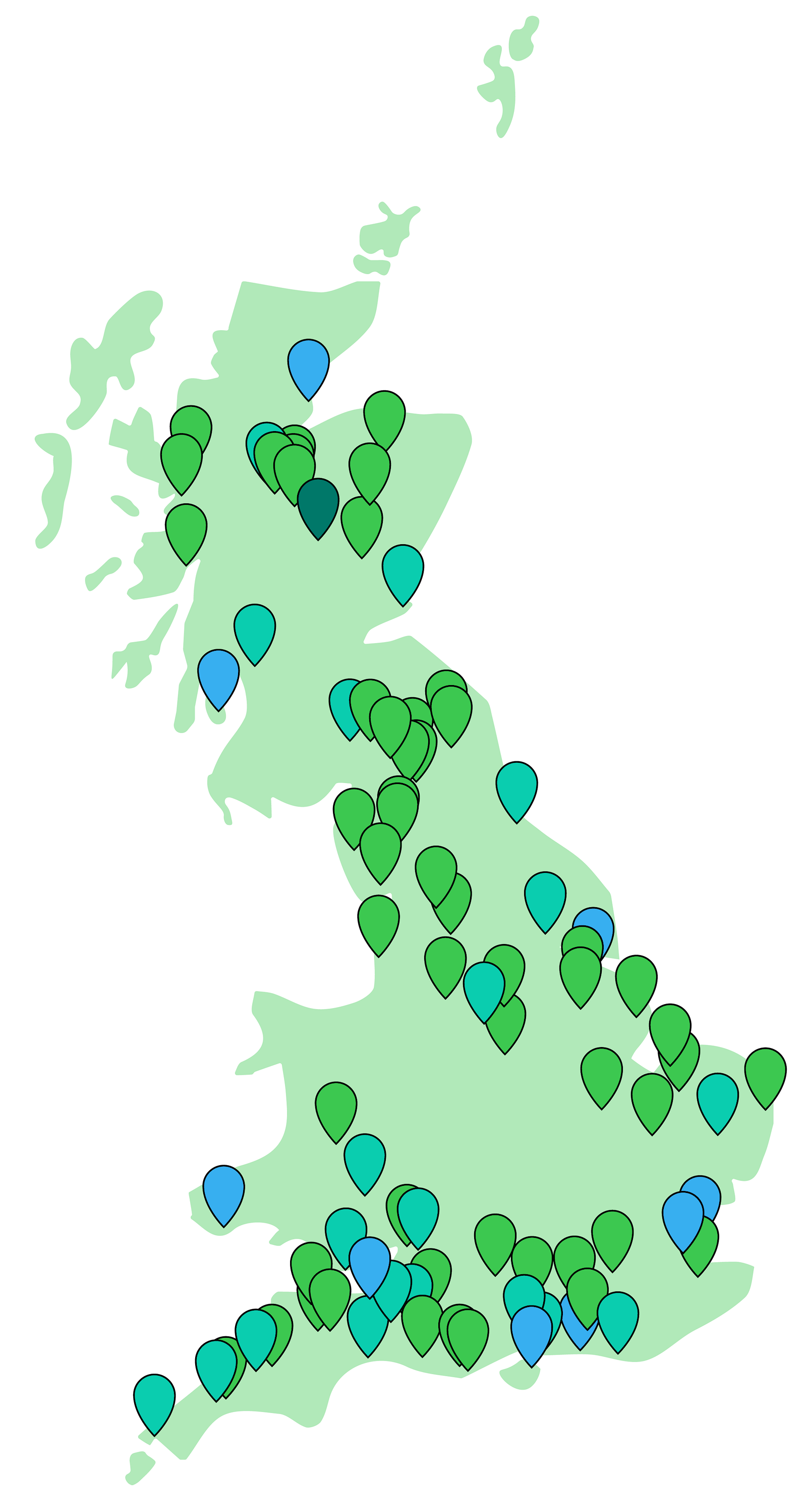 Map of Britain marked with pins to indicate locations of all Rewilding Network projects