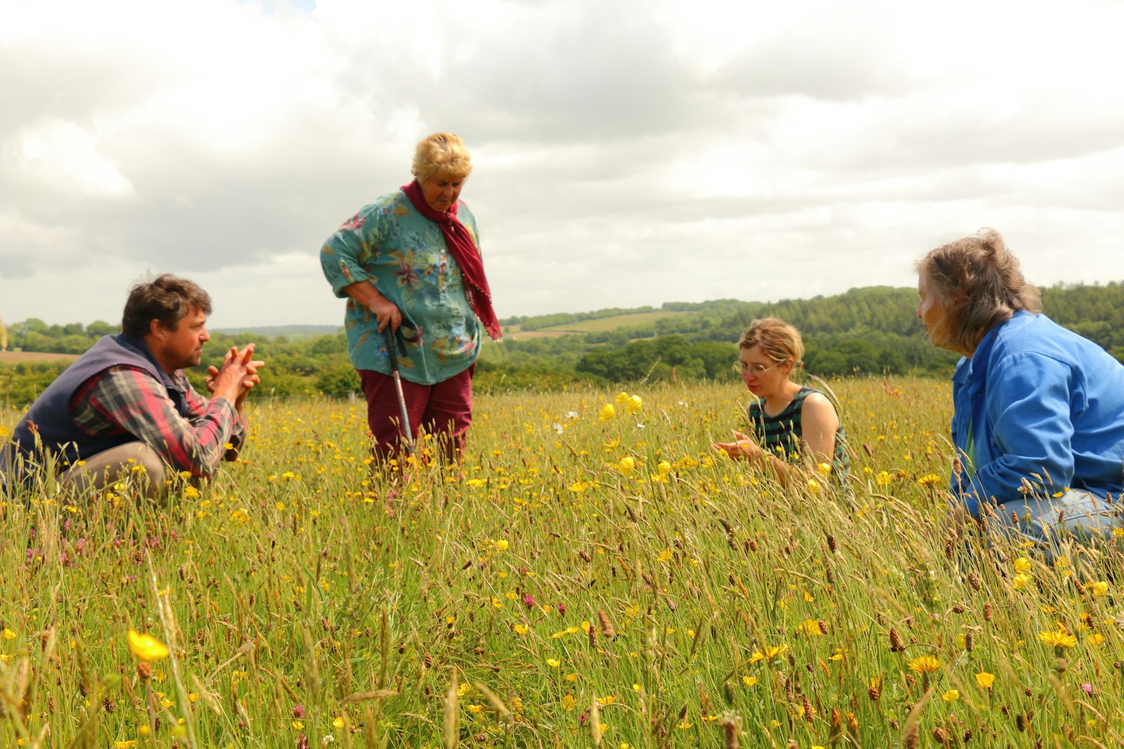 Val Green, Eti Meacock, Dorette Engi and Olly Walker on mob grazed hay meadow Dayshul Brake