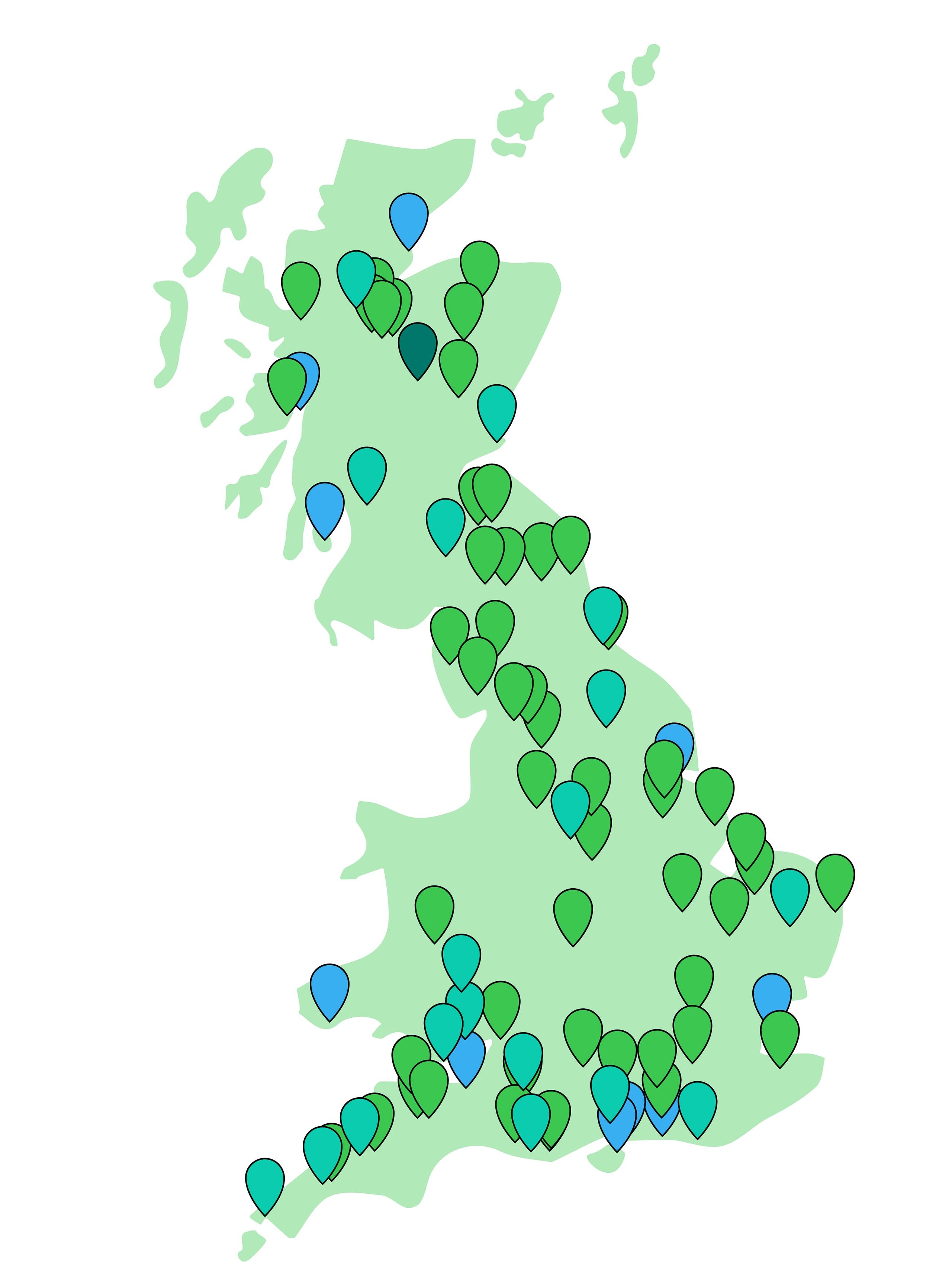 Map of Britain marked with pins indicating the locations of Rewilding Network members.