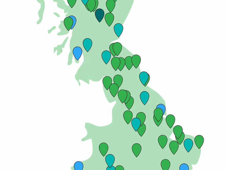 Map of Britain marked with pins indicating the locations of Rewilding Network members.