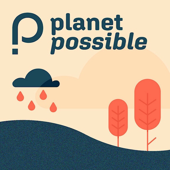 Graphic of clouds and trees with words "Planet possible"