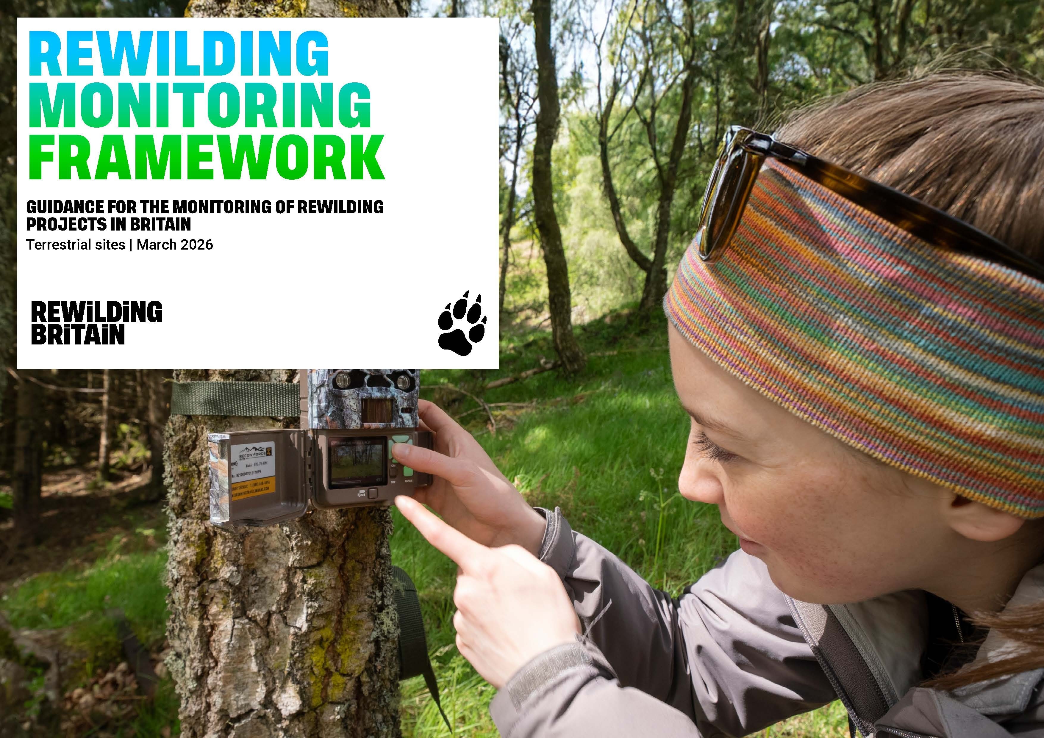 Cover of the Rewilding Monitoring Framework document showing a woman looking at a camera trap on a tree