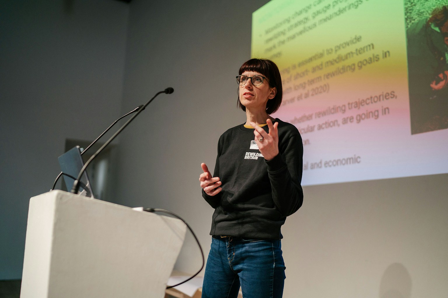 Sahran Higgings presenting at the Rewilding Network gathering at BALTIC Gateshead, Newcastle in April 2024.