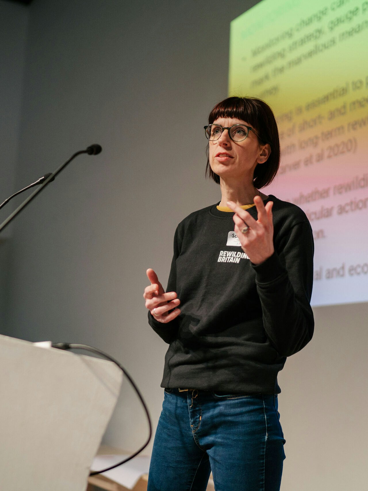 Sahran Higgings presenting at the Rewilding Network gathering at BALTIC Gateshead, Newcastle in April 2024.