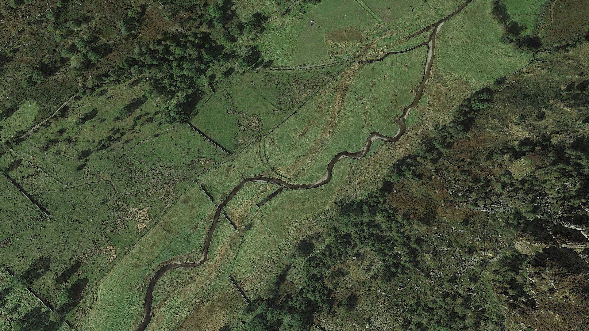 Aerial view of a rewiggled river at Swindale Beck