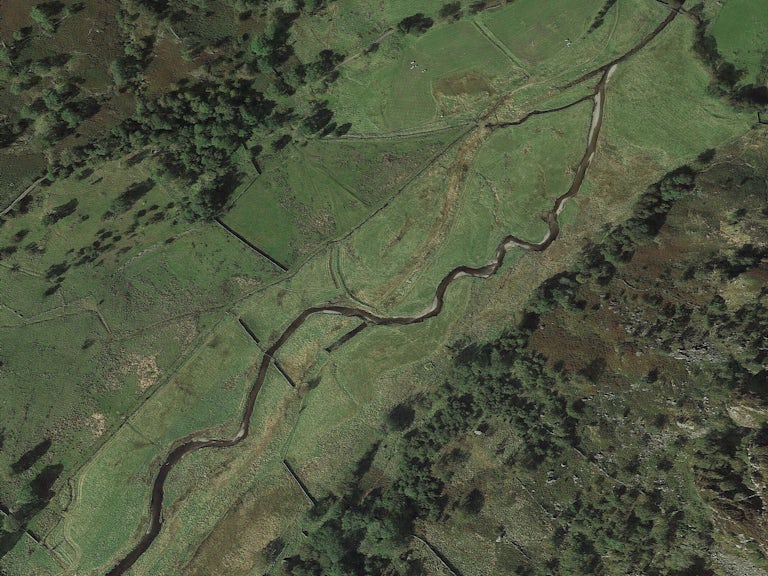 Aerial view of a rewiggled river at Swindale Beck