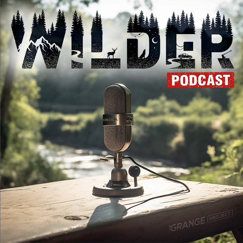 Microphone on table in countryside with words "Wilder podcast"